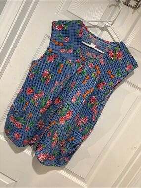 MOON DANCE Vintage Sleeveless Blue Plaid Floral Snap Up Smock Top/Housecoat